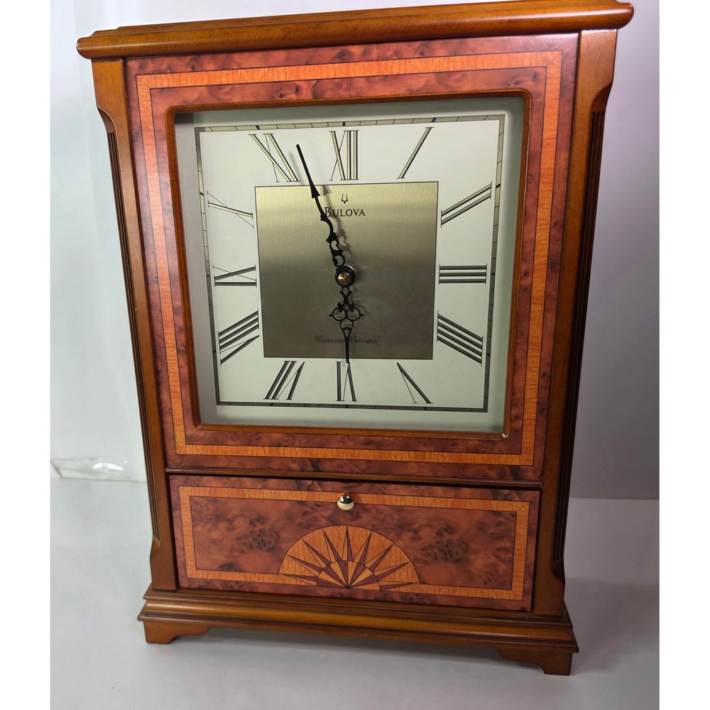 Bulova Regent Mantel Clock B2634 Westminster Chime Wood Sunburst Drawer Quartz